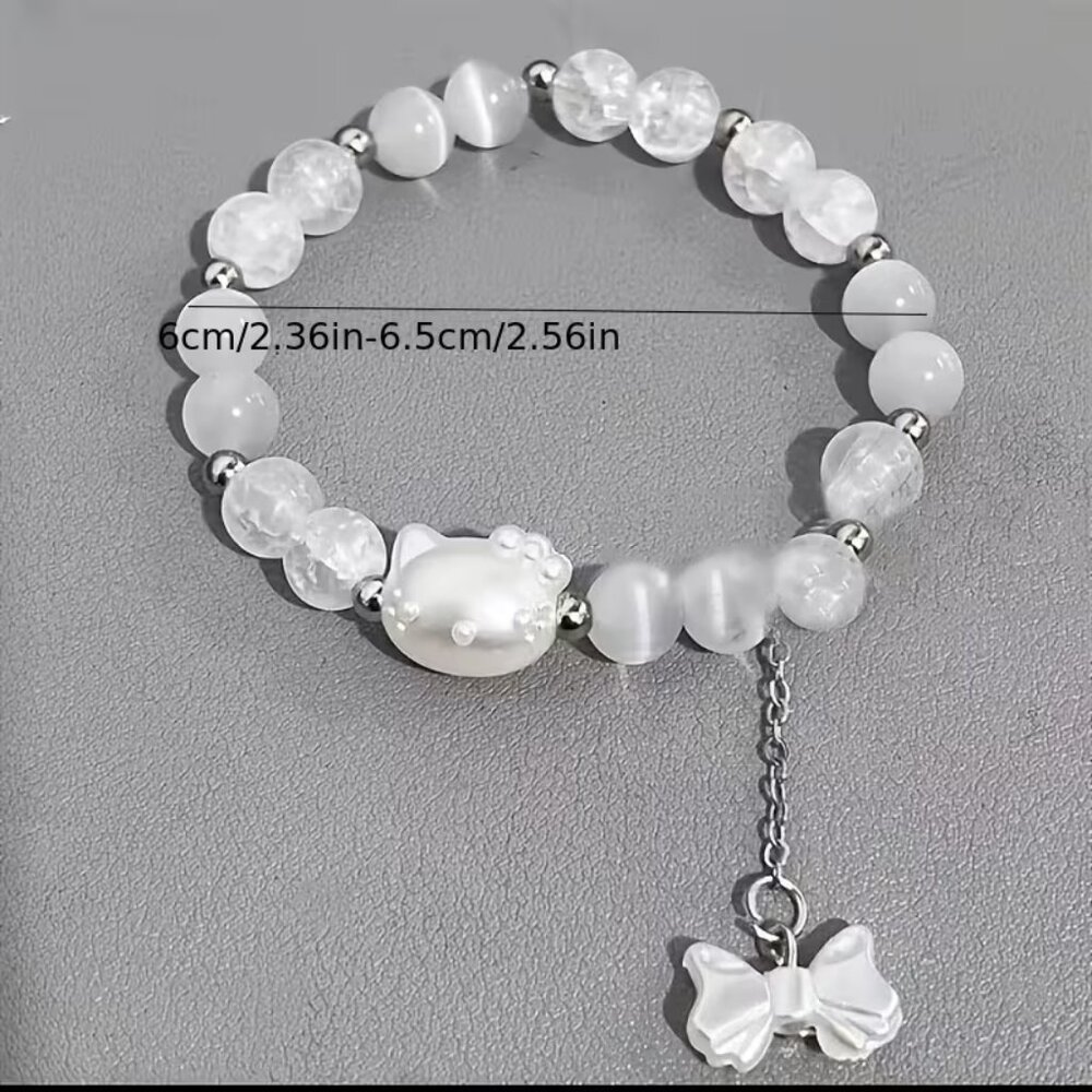 💲2⃣▶White Cat Pearl Bead Bracelet with Pearl Bow Charm